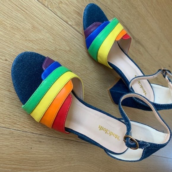 Denim rainbow sandals: Block heels, buckles - Picture 6 of 7